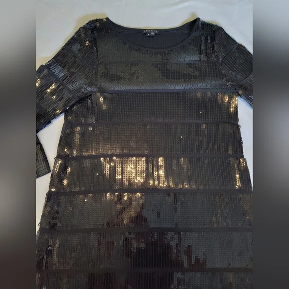 Theory Black Sequin 3/4 Length Long Sleeve Shift Dress Medium Like New - Picture 3 of 10
